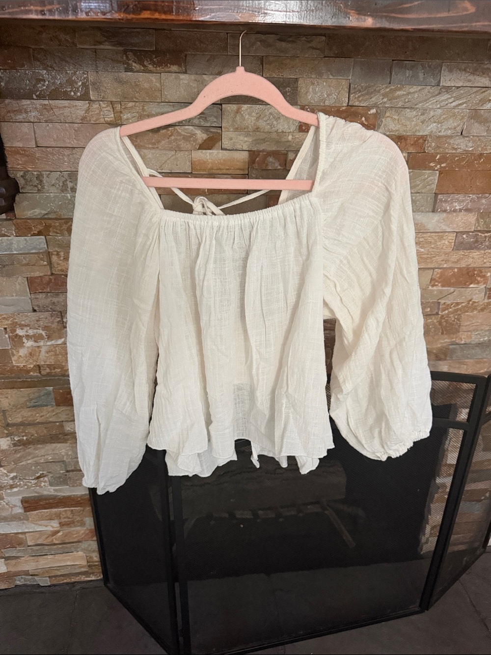 Millibon Cream Peasant Top Open Back with Balloon Sleeves